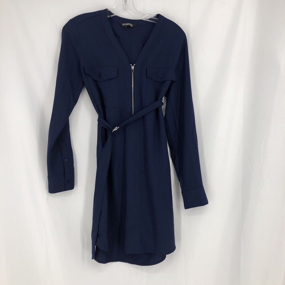 Express Womens S Navy Shirt Dress Belted Zip V Neck Business Casual Minimalist